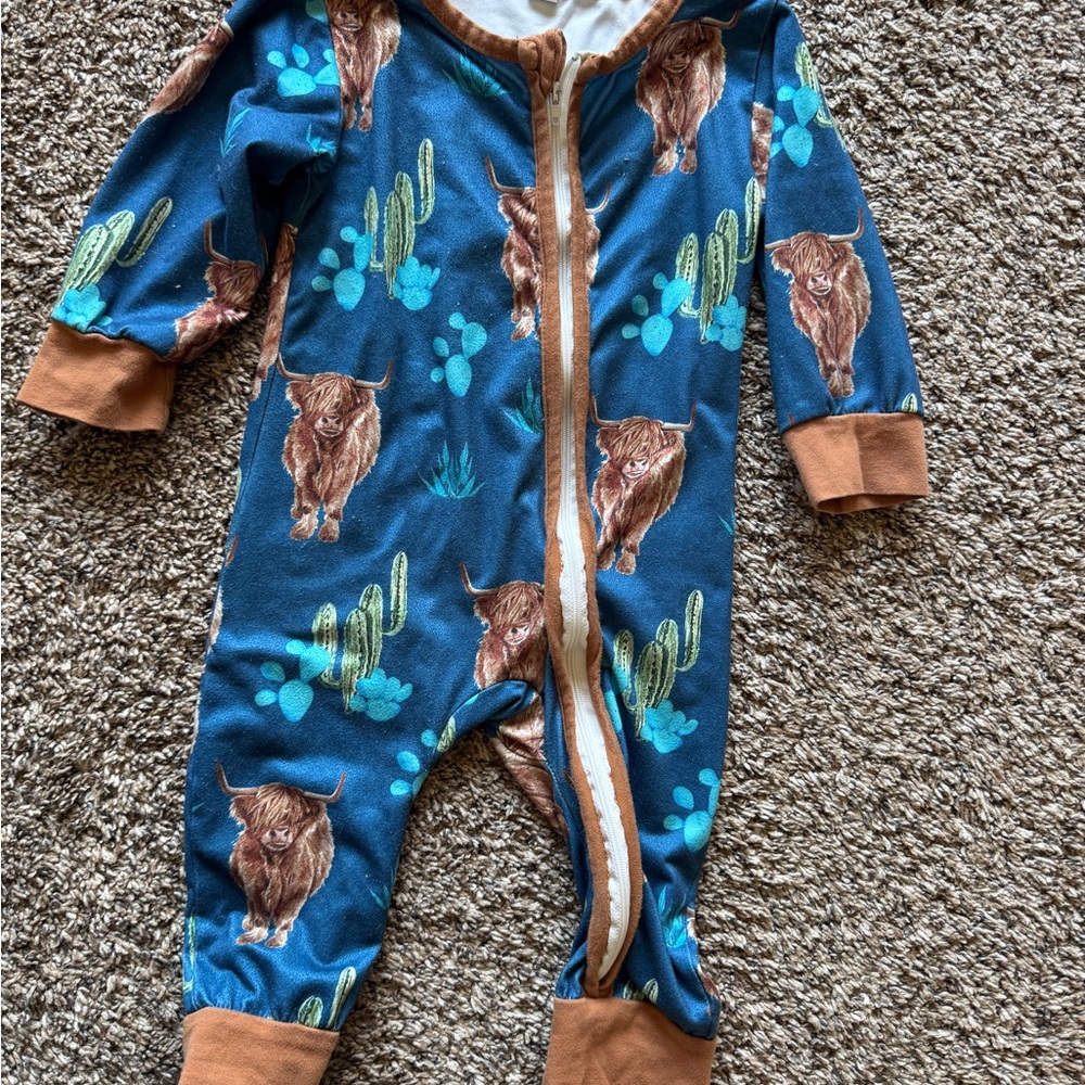 Kids Navy Blue One-Piece Romper with Highland Cow Print